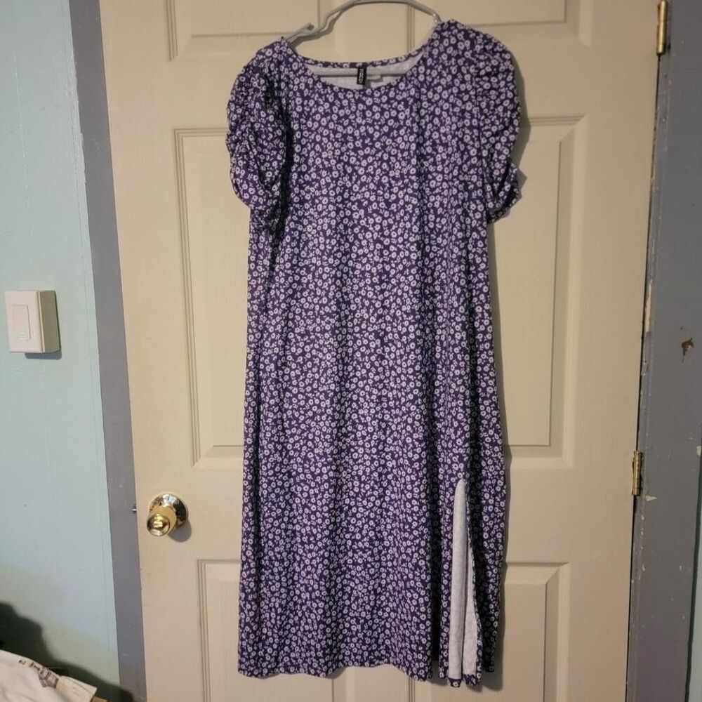 H&M Divided Girls Purple Floral Puff Sleeve Maxi Dress Side Slit XL TG